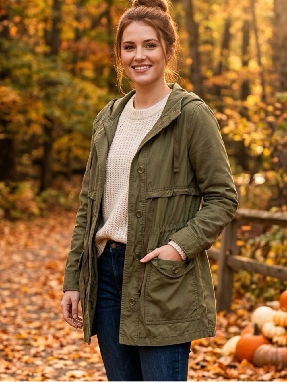 GAP Olive Green Hooded Utility Parka Jacket Cinch Waist Peplum Anorak Sz S
